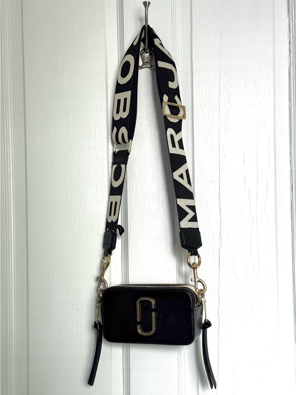 Marc Jacobs Black Crossbody Camera Bag with Ivory Logo Strap